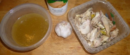 Primary Ingredients: Broth Garlic and Cooked Chicken